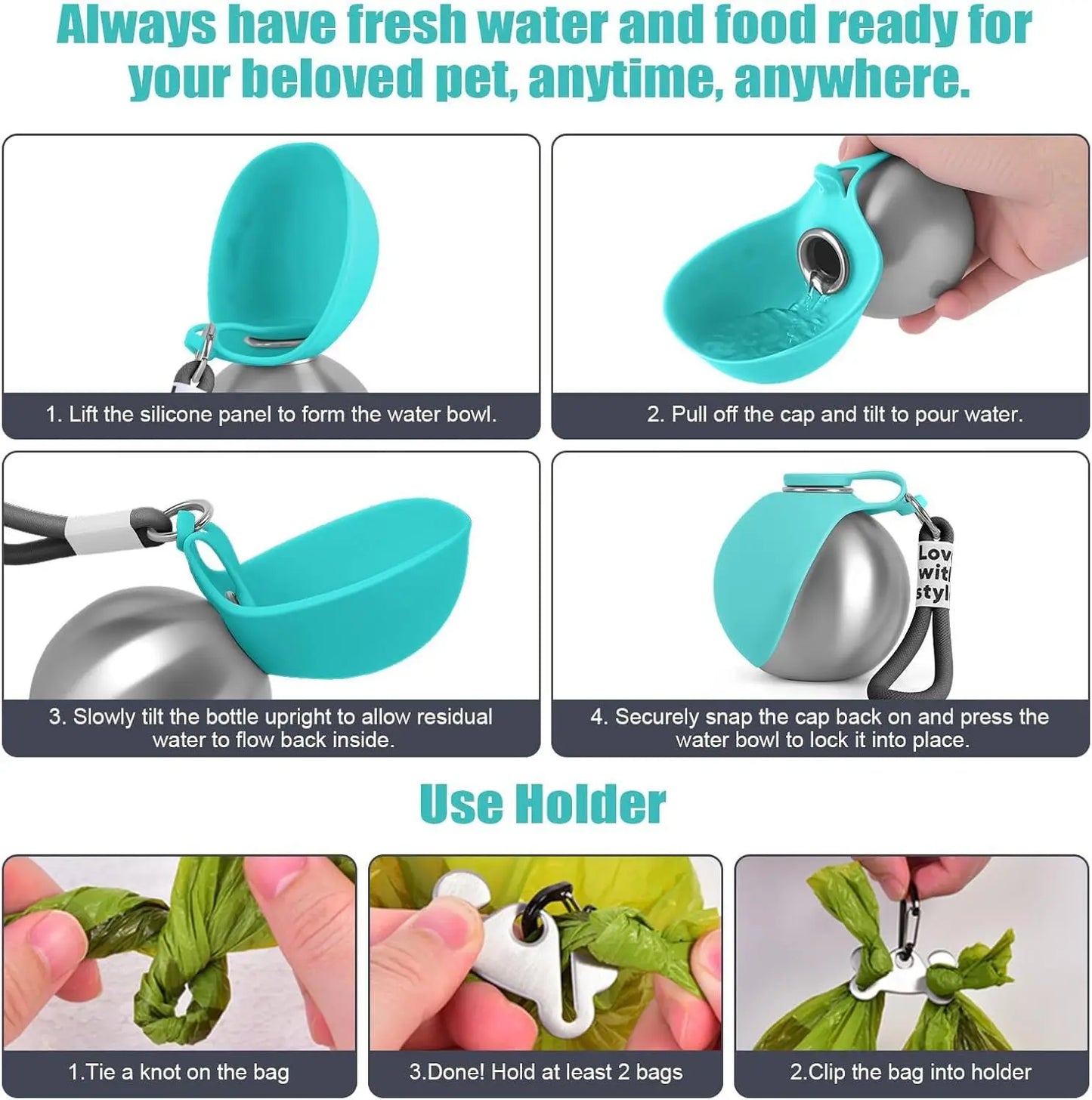 Dog Water Bottle with Removable Silicone Bowl,285ml Stainless Steel Construction, Leak-Proof for Outdoor Activities Like Walking