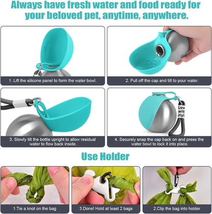 Dog Water Bottle with Removable Silicone Bowl,285ml Stainless Steel Construction, Leak-Proof for Outdoor Activities Like Walking