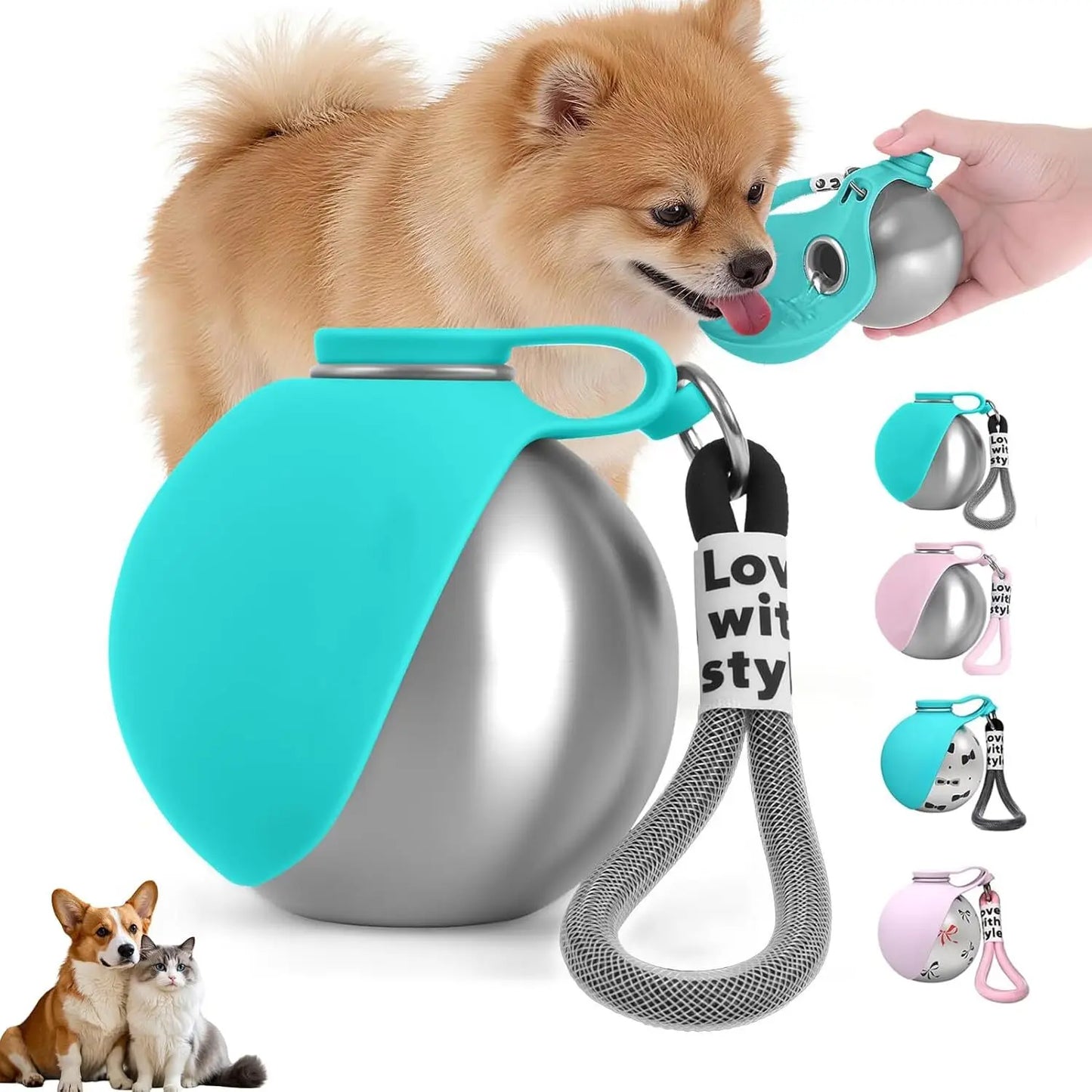 Dog Water Bottle with Removable Silicone Bowl,285ml Stainless Steel Construction, Leak-Proof for Outdoor Activities Like Walking