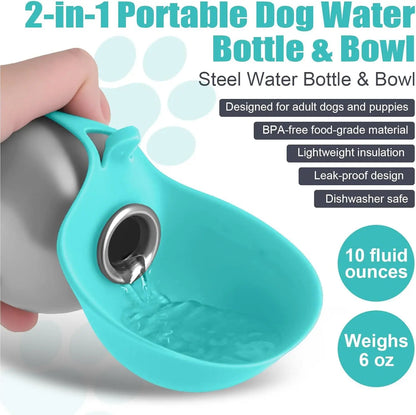 Dog Water Bottle with Removable Silicone Bowl,285ml Stainless Steel Construction, Leak-Proof for Outdoor Activities Like Walking